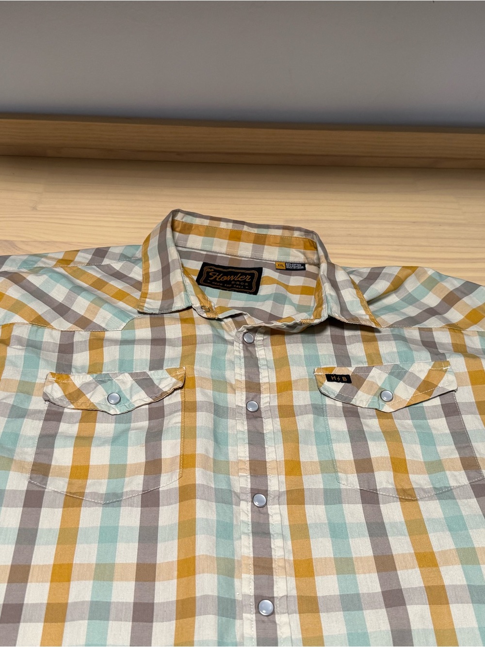 Howler Brothers Plaid Button-Down Shirt in Mustard, Light Blue & Gray